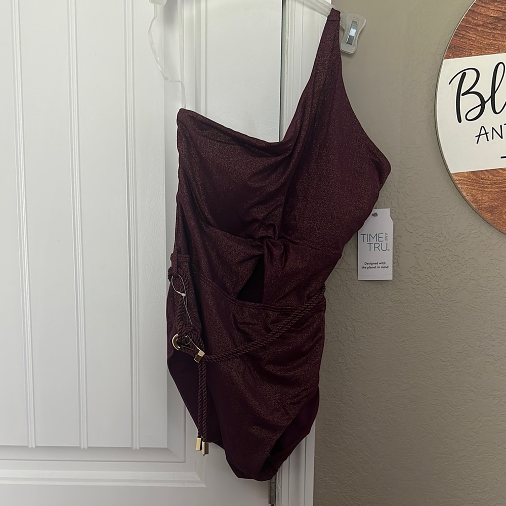 Time and Tru Maroon One-Shoulder Swimsuit